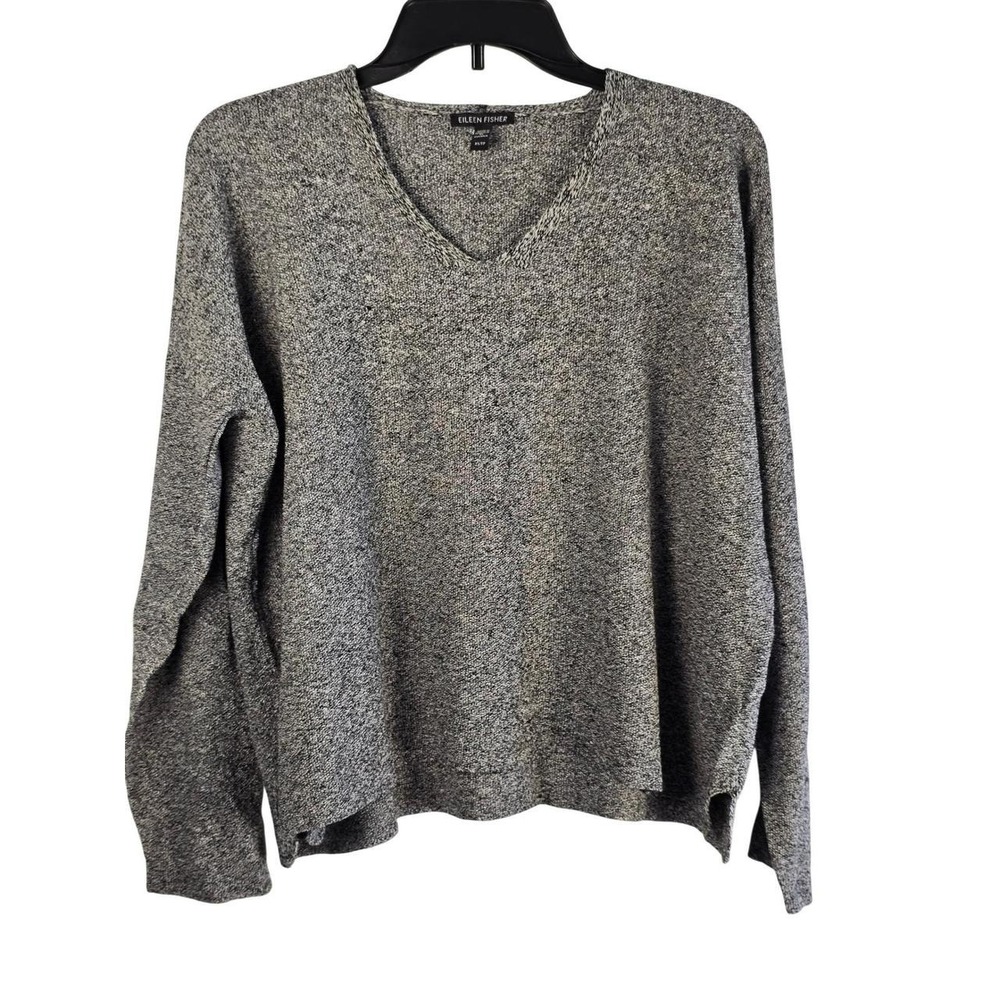 Eileen Fisher‎ Organic Linen Cotton V-Neck Marled Sweater Black White XS